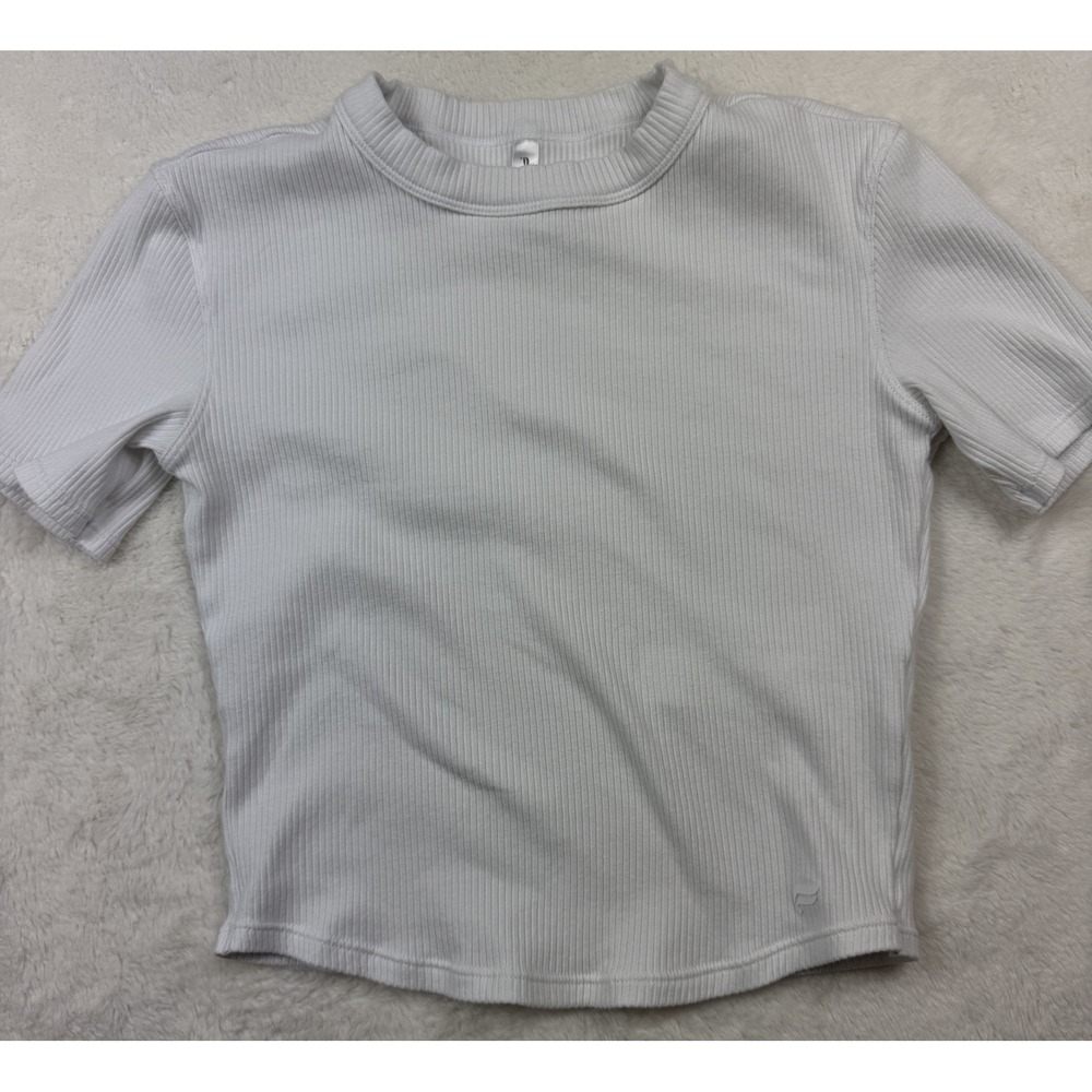 Fabletics White Ribbed Cropped Crew Neck Short Sleeve Tee Small